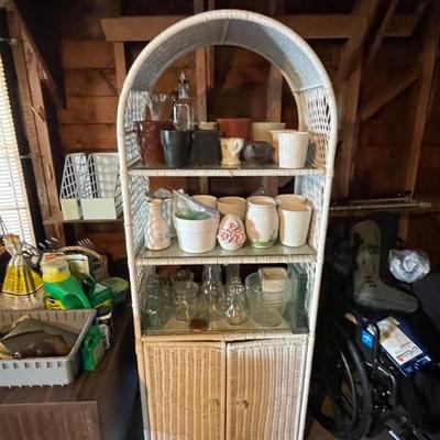 Pots and White Wicker shelf 
