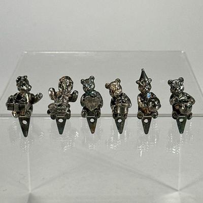 (6pc) Lunt Silver Plates Cake Decorators | Cake candle holder decorations in the form of bears holding various objects. - h. 1.75 in...