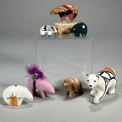 (7pc) SMALL SOUTHWESTERN FOLK ART BEARS | Small carved and southwestern decorated bear figurines of various materials. - l. 4.5 x w. 2 x...