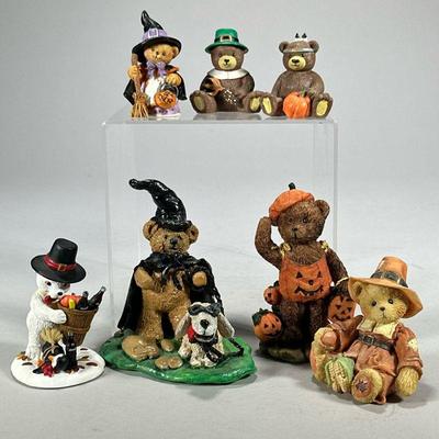 (7pc) Halloween & Fall Themed Teddies | Decorative teddy bear figurines for the fall season, including a Coca Cola Polar Bear Cubs...