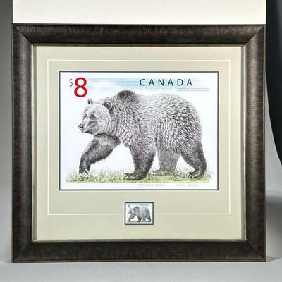 Canada Grizzly Bear Stamp Art | $8 Canadian stamp “Grizzly Bear / Ours Brun” print framed with the stamp - w. 23.5 x h. 22.25 in (frame)

