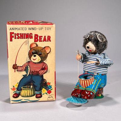 Alps Tin Fishing Bear | Animated wind-up toy fishing bear by Alps, made in Japan, in original box. - l. 5 x h. 6 in

