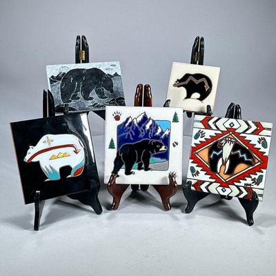 (5pc) BEAR TILES/TRIVETS | Including: decorative bear soapstone carving, Rosanne & Jordan Thrall Bear Fetish tile signed &...