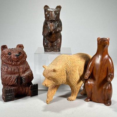 (4pc) Large Carved Bears | Large carved wood bears, including a standing bear signed J. Pinal and marked Made in Mexico, a large blonde...