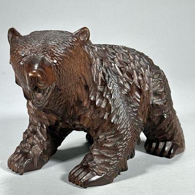 Carved Wood Bear | Heavy carved dark wood bear on all fours, no apparent markings. - l. 9.5 x w. 5 x h. 6.25 in

