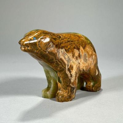 CARVED SPECIMEN STONE BEAR | Multicolor stone specimen carving of a bear. - l. 7.5 x w. 2 x h. 4 in

