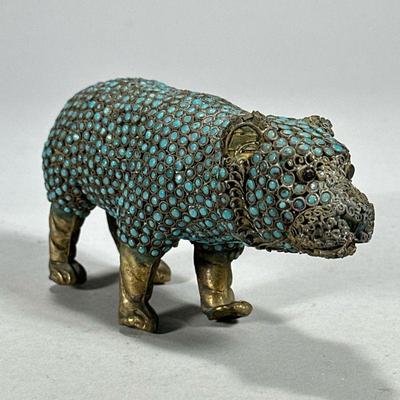 Turquoise & Brass Bear | East Asian style brass bear studded with turquoise. - l. 6.25 x h. 3 in

