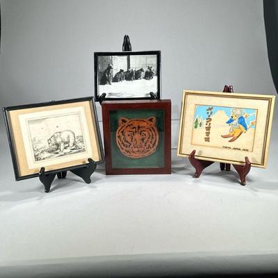 (4pc) Framed Bear Artworks | Misc. bear art, including a gouache on paper depicting a bear skiing, inscribed and dated “Tokyo Japan...