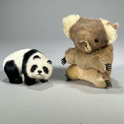 (2pc) REAL FUR / PELT UPHOLSTERED BEAR FIGURES | Including a koala and a panda. - h. 6 in (koala)

