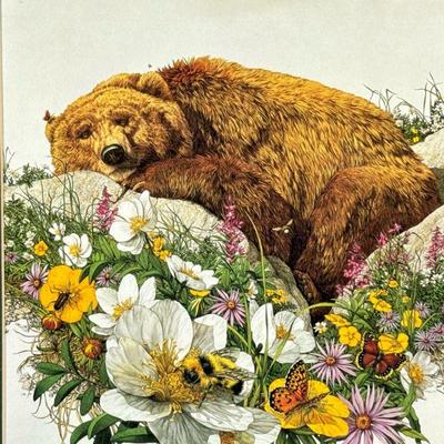BEV DOOLITTLE "BUGGED BEAR" PRINT | Bugged Bear. Print. 9 x 8.5 in. sight. Titled on bottom. - l. 17.5 x w. 17 in (frame)

