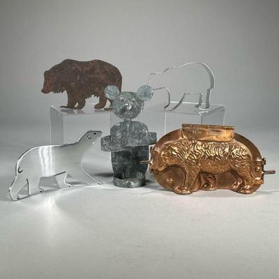 (4pc) MISC METAL BEARS | Including: copper bear mold, bear cookie cutter, flat cut metal bear, and galvanized bear candleholder. - l. 9 x...