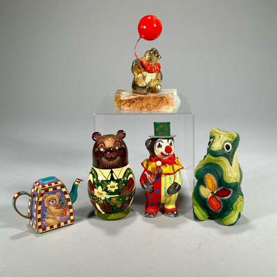 (5pc) Fun Bear Decor | Including a clown bear, a set of nesting dolls, a miniature enameled teapot, a green woolen bear, and a bear...