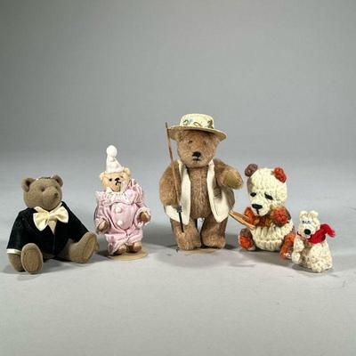 (5pc) Misc. Decorative Bears | Including two knit bears, a small bear in a pink clown costume on stand, a Narco fisherman bear, and a...