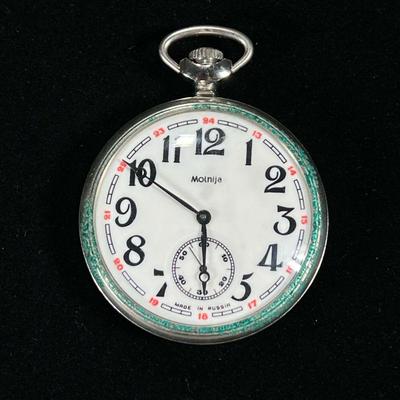 MOLNIJA POCKET WATCH | Antique MOINIJA pocket watch made in Russia, Arabic numerals with sub-seconds dial, with petunia around the glass...