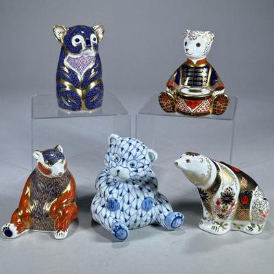 (5pc) ROYAL CROWN DERBY & OTHER BEARS | Including: four Royal Crown Derby porcelain bears decorated with colorful and gilt glaze, and...