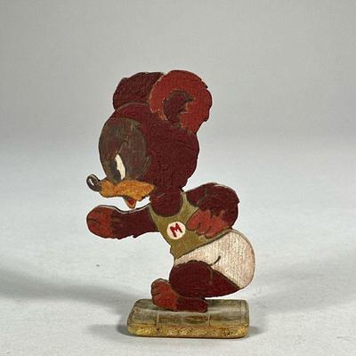 EARLY POLYCHROME CARVED WOOD MOUSE | Outline vintage mouse figure with “M” on his shirt. - h. 4.5 in

