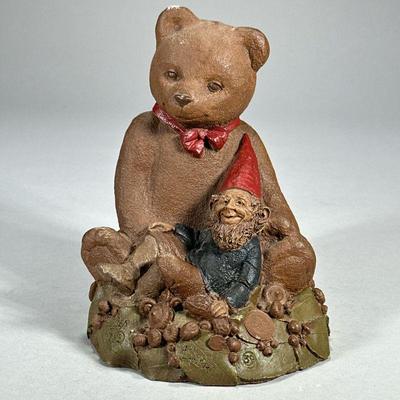 TOM CLARK GNOME & BEAR FIGURINE | “Ben” composition teddy bear figurine with relaxing gnome on acorn and leaf decorated base. - l. 6...