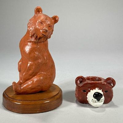 (2pc) Signed Bear Statues | Including a Taffy Dahl signed bear head candlestick holder and a bear statue on wood stand numbered 2/30,...
