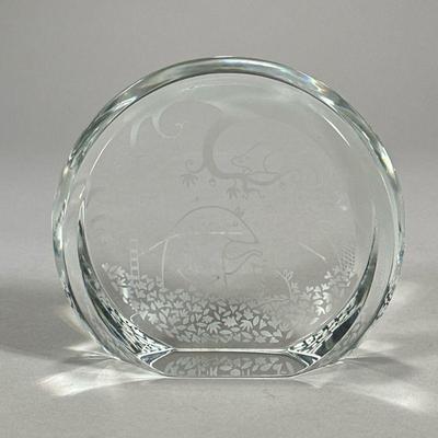 Steuben Paperweight | With etched scene of animals, signed on the bottom. - w. 4.75 x h. 4.25 in

