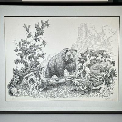 Signed Bear Lithograph | Ed. 11/75 lower left and pencil signed Lowe right, framed under glass. - w. 39 x h. 31 in (frame)


