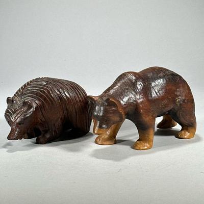 (2pc) Hand Carved Bears | Carved wood bear figures, one labeled Myrtle-wood, the other quite heavy and with worn out label. - l. 9 x h. 5...