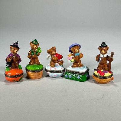 (5pc) Limoges Style Boxes | Small trinket or pill boxes each decorated with a seasonal bear, by Midwest of Cannon Falls. - h. 3.25 in...