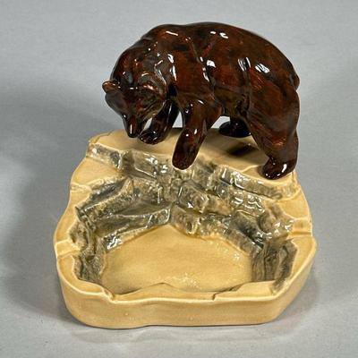 BEAR ASHTRAY | Glazed ceramic brown bear ashtray. - l. 6 x w. 5.5 x h. 5 in

