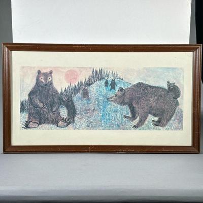 Bear Family Artwork | Framed print of bears in nature after a woodcut or other mixed media artwork, no apparent signature, with gallery...