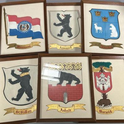 (6pc) Heraldry Paintings | Flags and emblems with bears, gouache on paper with gilding, each uniformly framed. - w. 8.75 x h. 10.75 in...
