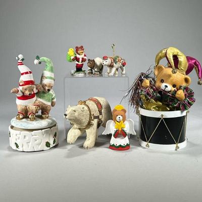 (7pc) Holiday Bears | Decorative holiday bears including a porcelain Christmas music box, a polar bear with jingle bells, a Mardi Gras...