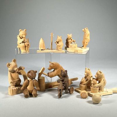 (9pc) Articulating Wood Bears | Bears engaged in various activities including sawing, building, and bear on a tricycle, etc.; three with...