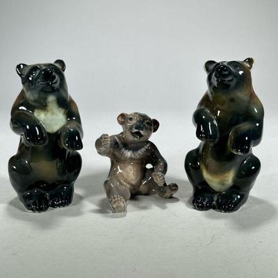 (3pc) Ceramic Bears | Glazed ceramic bear figures including a pair of unmarked bears and a DJ Copenhagen Denmark grey bear. - h. 6 in...