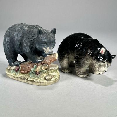 (2pc) JAPANESE BLACK BEAR FIGURINES | Including: Lefton hand painted porcelain bear figurine on base with log and berries, and glazed...