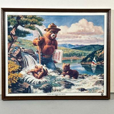 Smokey The Bear Print | Clean and Sparkling Water, 1986, in a wood frame. - w. 15 x h. 12.75 in (frame)

