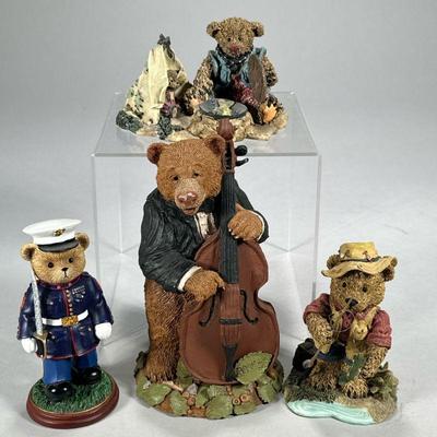 (4pc) Bear Figurines | All dressed up, including a bear playing cello, a sailor bear, and two fishing bears. - h. 7 in (tallest)

