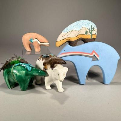 (5pc) LARGE SOUTHWESTERN FOLK ART BEARS | Including ceramic and wood southwestern-designed bear figurines. - l. 9 x w. 3 x h. 5 in...