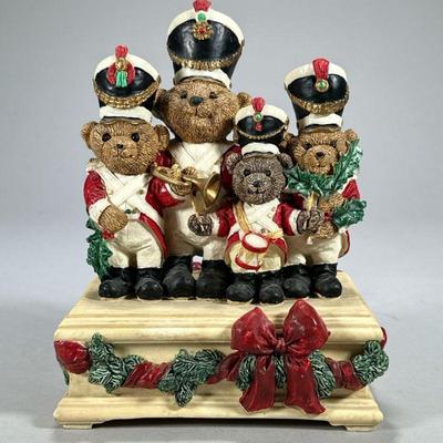 Christmas Music Box | Music Makers Teddy Bear Band, Christmas-themed music box, no. 5560/12000. - l. 6 x w. 4.5 x h. 8.25 in

