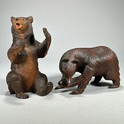 (2pc) Carved Wood Bears | Carved bear figures, including one in a seated position with paint decoration, and one on all fours holding a...