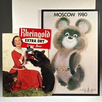 (2pc) OLYMPICS & OTHER BEAR ADVERTISEMENTS | Including: Framed poster of bear cub from the 1980 Moscow Olympic Games, and Rheingold...
