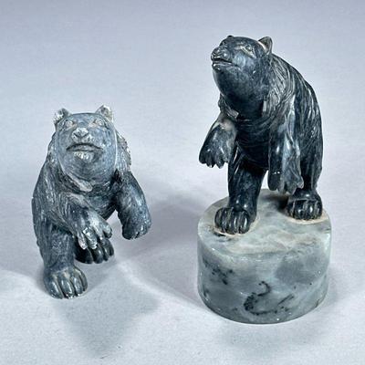 (2pc) PAIR CARVED STONE BEAR FIGURINES | Including black carved stone bear on stone base and similar designed carved stone bear. - l....