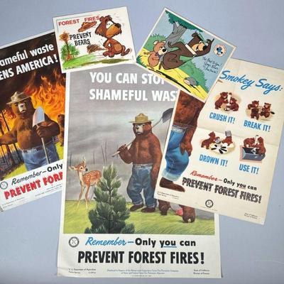 (5pc) Smokey The Bear Posters | Smokey the Bear and forest fire prevention posters, including a Huck Hound Club Yogi Bear print (1960),...