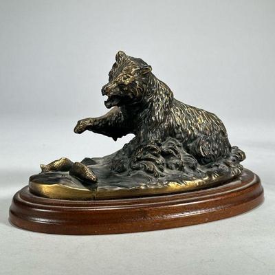 Terrell O’Brien Bear Sculpture | Grizzly bear fishing salmon reproduction bronze style sculpture on a wood base, “Gallery Original”. - l....