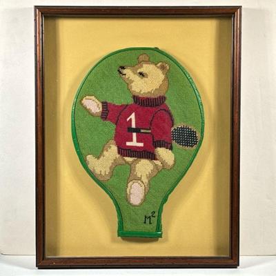 NEEDLEPOINT TENNIS RACQUET COVER | Needlepoint tennis racquet cover depicting bear with racquet mounted in a shadowbox frame. - l. 20.75...