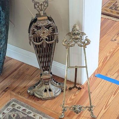 Lot #28 - Brass Peacock Fireplace Screen and Victorian Figural Easel
