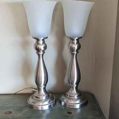 Lot #59 - Contemporary Silver Table Lamp Set - Frosted Glass Shades & Elegant Design