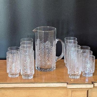 Lot #47 - Vintage Clear Glass Evergreen Tree Drinkware Set - Pitcher & Tumblers
