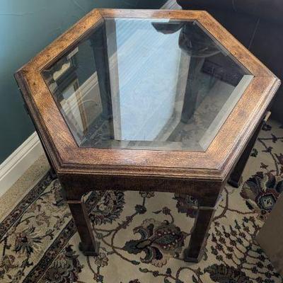 Lot #89 - Hexagonal Glass-Top Burl Wood End Table