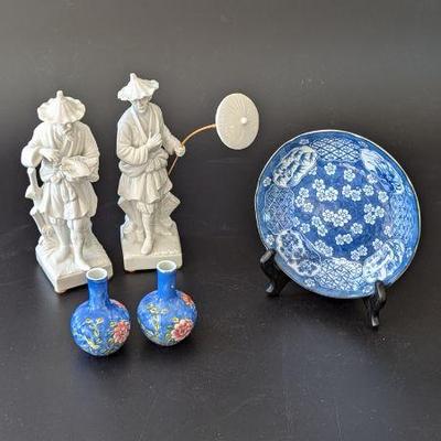 Lot #143 - Fitz And Floyd Blanc De Chine Chinoiserie Figures, Japanese Takahashi Plate, 2 Blue Chinoiserie Bud Vases