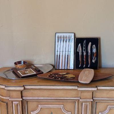 Lot #51 - Collectors Serving & Cheese Set Lot - Laguiole Knives, Forks, Cheese Board, Tray & More