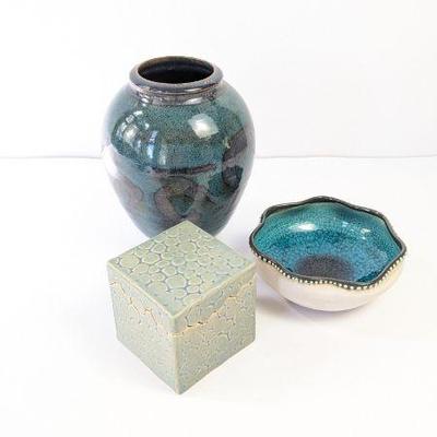 Lot #137 - Collectors Decorative Pottery Lot - Vase, Bowl, and Decorative Box
